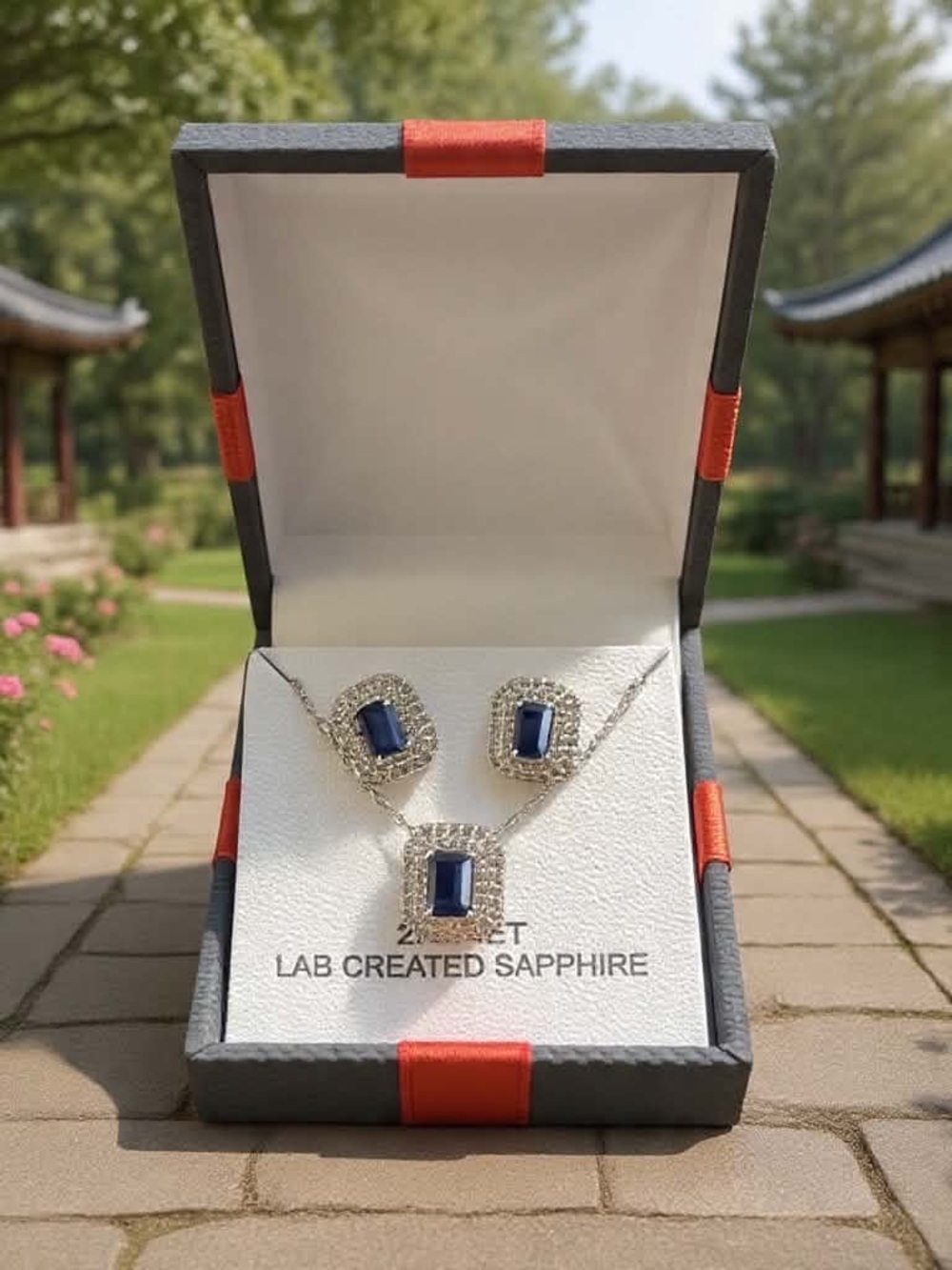 Lab-Created Sapphire pure Silver over brass Necklace & Earring Set - Deep Blue